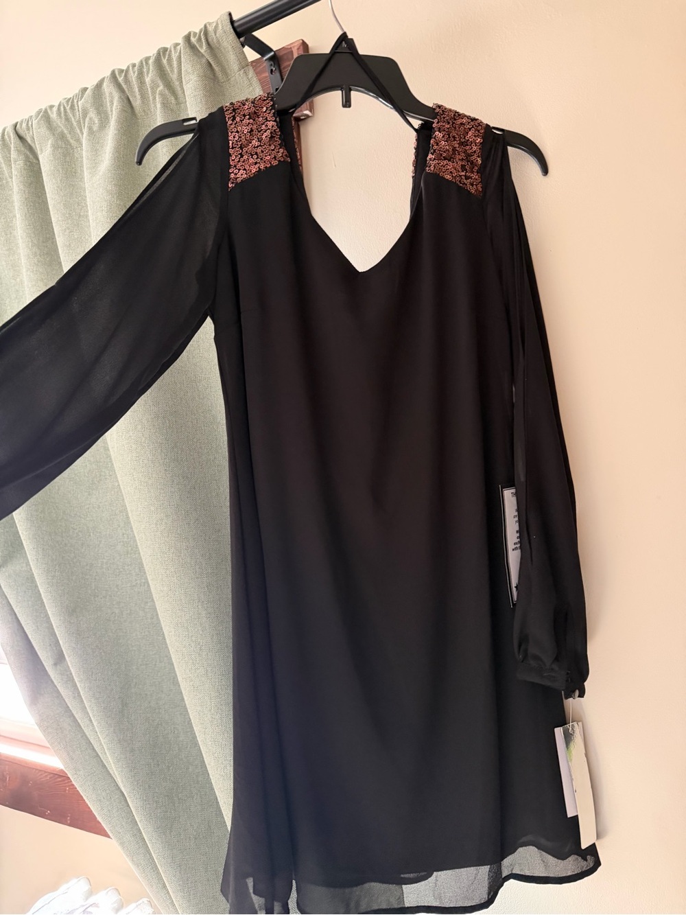 Black Cold-Shoulder Dress with Rose Gold Sequin Detail